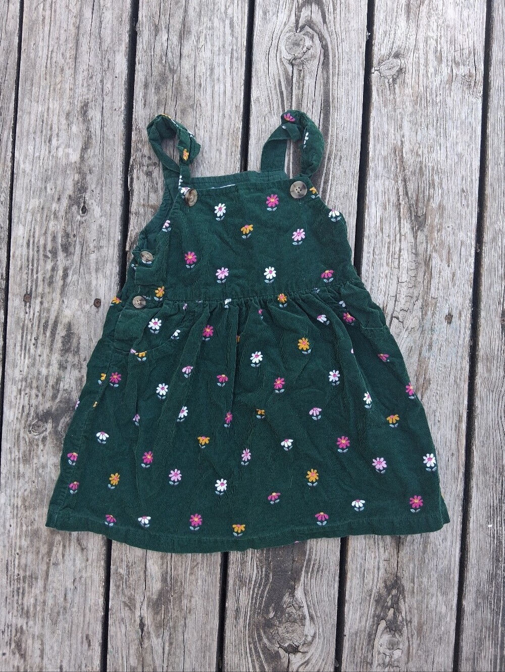 Blueberi Boulevard Green Floral Corduroy Pinafore Dress 4T
